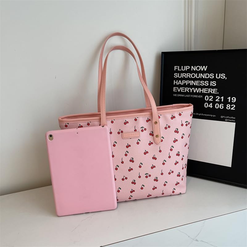 Cherry Print Tote Bag for Women Bow Shoulder Handbag Trendy Faux Leather Top-Handle Bag with Cherry Accessories4