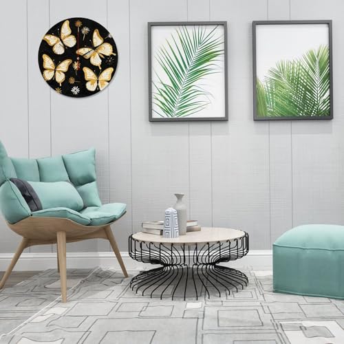 Horloge murale moderne en bois 34 cm à motif papillon noir et doré sans tic-tac