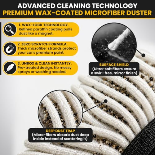 Image of H HANUMANT ENTERPRISE Swift Swipe Car Duster with Paraffin Wax-Treated Cotton Strands | Scratch-Free & Lint-Free Car Cleaning Brush | Long Handle | Reusable Waterless Dust Cleaner for Car, SUV & Bike