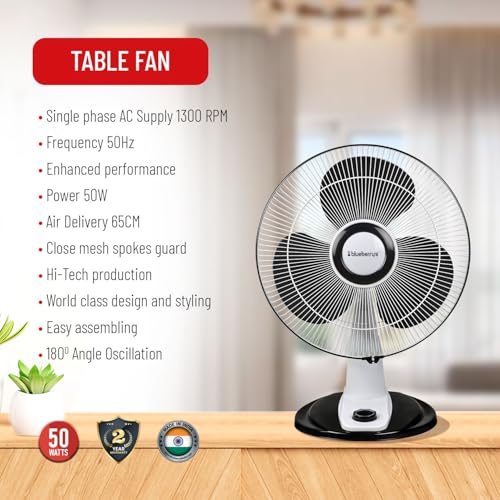 Image of Blueberry's BREEZO 50 Watts 16 inch 400mm Table Fan 1300 RPM | 2 Years Warranty | Made in India | 180 Oscillation (White-Black)