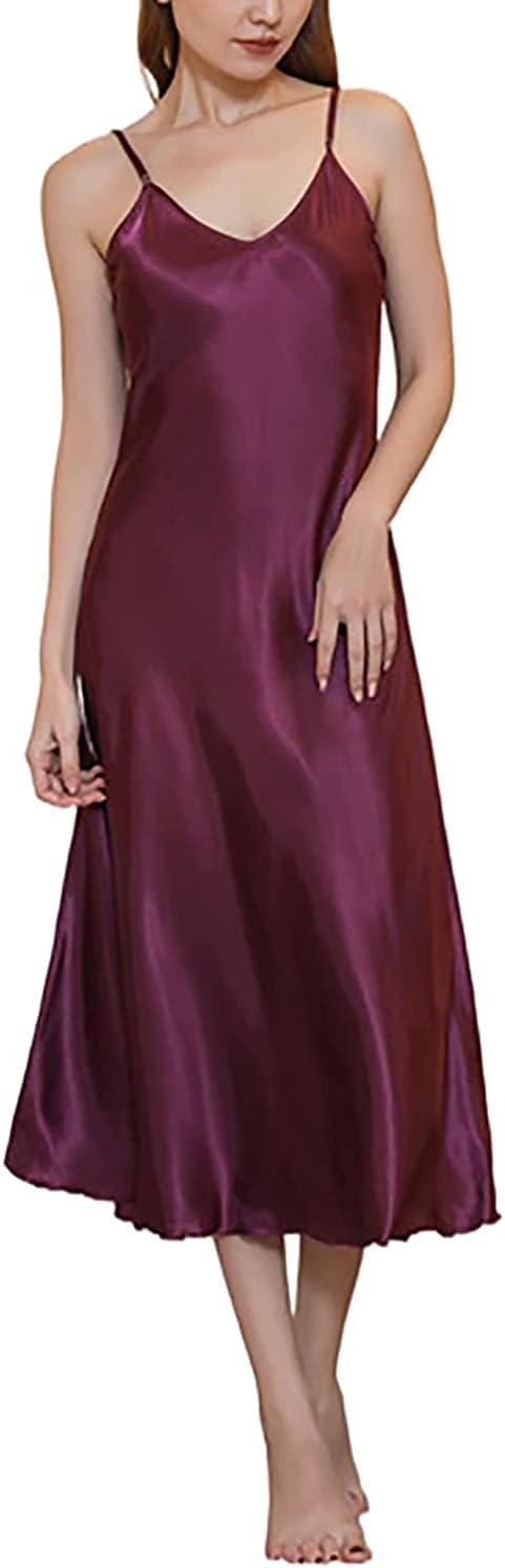 Womens Satin Nightgown Long Slip Sleep Dress Silk V Neck Nightgowns