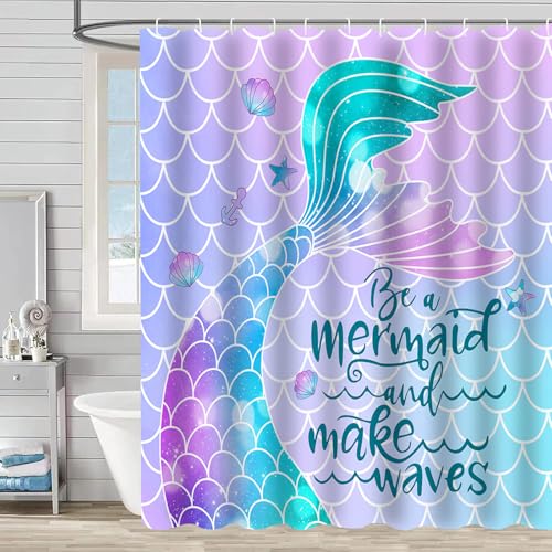 ZCHOMI Kids Mermaid Tail Shower Curtain Pink Purple Mermaid Scale Shower Curtains for Girls Bathroom Waterproof Polyester Fabric Bath Curtain 72 x 72 Inch with 12 Hooks