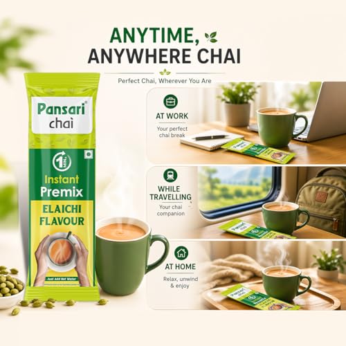 Image of Pansari Instant Tea Premix | Pansari Elaichi Chai | 15 Sachets x 14g | Ready in 1 Min | Cardamom Tea Powder | No Milk Required | Low Sugar Instant Chai