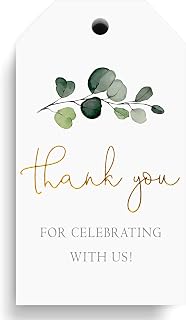 100 Pcs Greenery Thank You Gift Tags Thank You for Celebrating with us Wedding Gift Tags Gold Foil Eucalyptus Leaves Hanging Labels with Hemp Rope for Wedding Birthday Present DIY Crafts