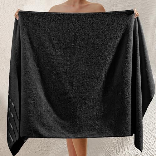 Image of Elegant Comfort 100% Turkish Cotton 4 Lines Viscose Stripe Jumbo Bath Towel - Hotel Spa Quality Extra Large 35 x 70 Inch Bath Towel Ultra Soft, Super Absorbent Quick Dry Large Bath Towel, Black