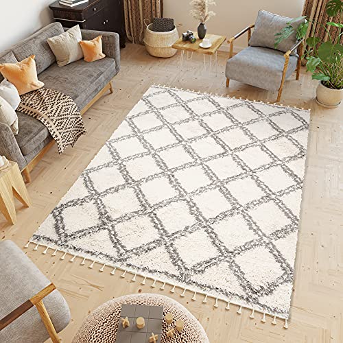 TAPISO Boho Alfombra Shaggy con Borlas Alfombra de Pelo Largo Mullida Diseño Moderno Enrejado Crema Gris Oscuro Salón Dormitorio Habitación Infantil Oeko-Tex 120 x 170 cm