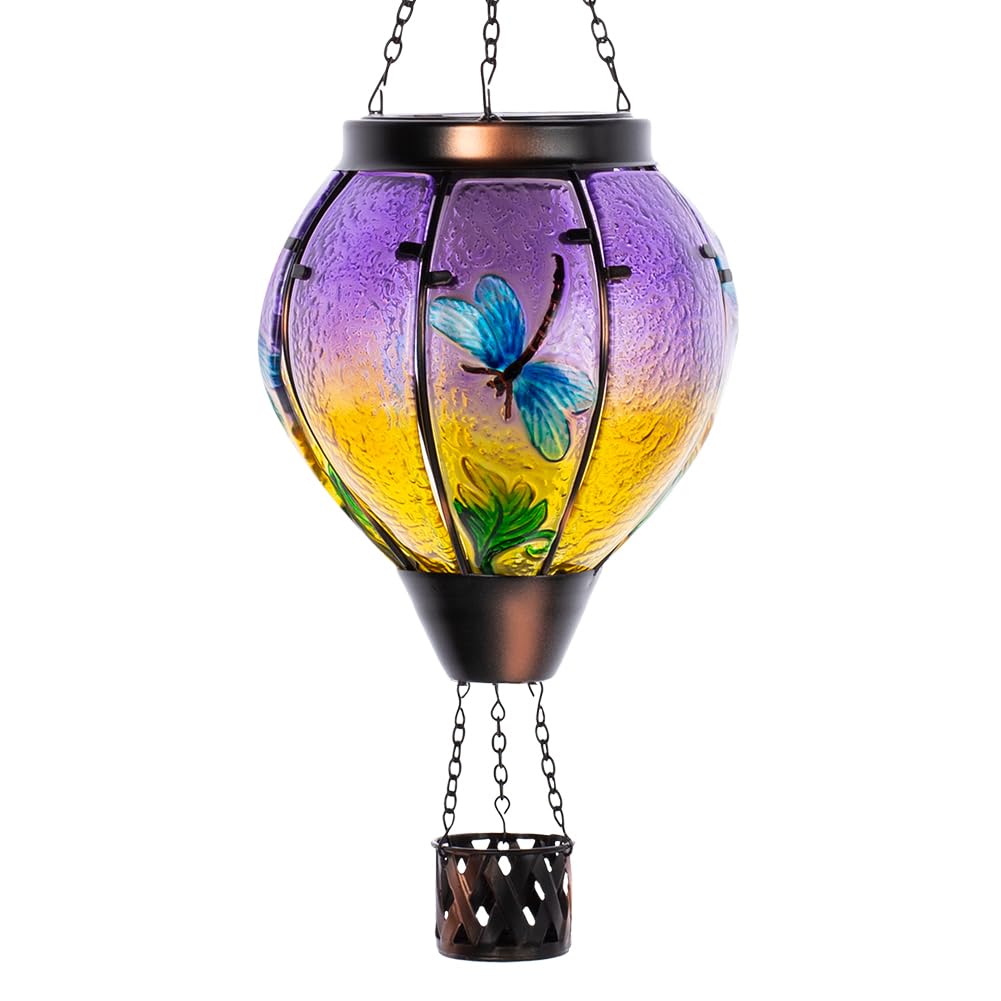 Starsoul Dragonfly Hot Air Balloon Solar Lantern Glass Solar Powered Hot Air Balloon Lantern with Flame Light Waterproof Hanging Outdoor Solar Lantern for Patio Pathway Yard Porch Backyard Decor
