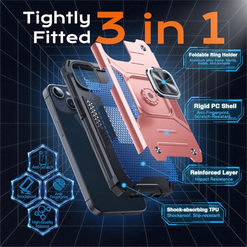 Image of Anqrp Heavy Duty Case for iPhone 13 /14 Case with Enhanced Ring Holder Grip Stand, Military Grade Shockproof Rugged Drop Protective Silicone Hard Slim iPhone 13 /14 Phone Case Cover,Pink Gold