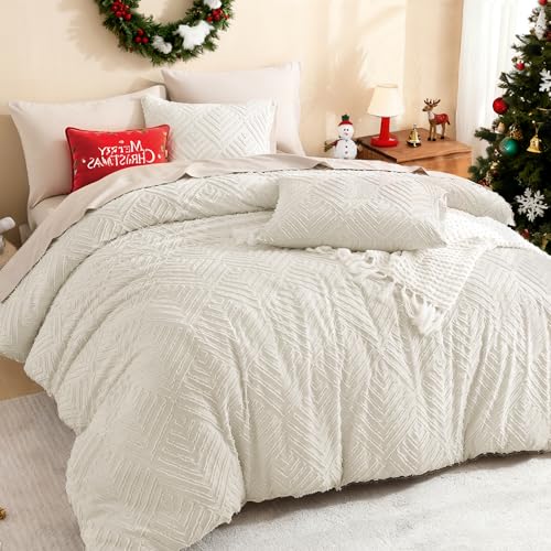 Litanika King Size Comforter Set Beige, 3 Pieces Cream Tufted Boho Farmhouse Bedding Comforter Sets, Lightweight Fluffy Comforter Bed Set for All Season (104x90In Comforter and 2 Pillowcases)