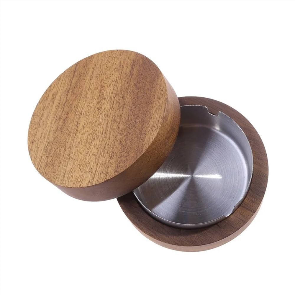 Smoking Accessories Ashtrays with Lid Covered Windproof Ashtray Walnut Wood Ashtray with Stainless Steel Liner Indoor Outdoor Ash Tray for Home(Silver)