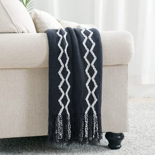 Bourina Fluffy Chenille Knitted Fringe Throw Blanket Lightweight Soft Cozy For Bed Sofa Chair Throw Blankets, Navy 50" X 60" #TOP1