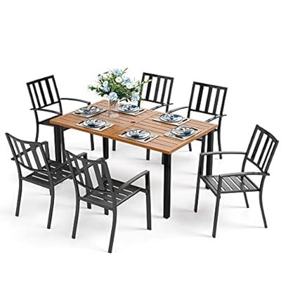 HERA'S HOUSE 7 Pieces Patio Dining Set, Outdoor Table and Chairs Set for 6, 60" Wood Look Table and 6 Metal Patio Chairs for Lawn Garden Backyard