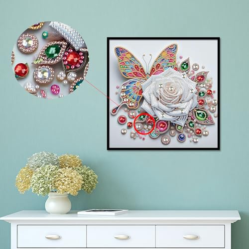Image of 5D Special Shape Diamond Art Kits for Beginners, Diamond Painting Kits for Adults, Crystal Rhinestones Diamond Painting for Home Wall Decoration Gift 12x12 inch /30x30 cm, Butterfly and White Rose