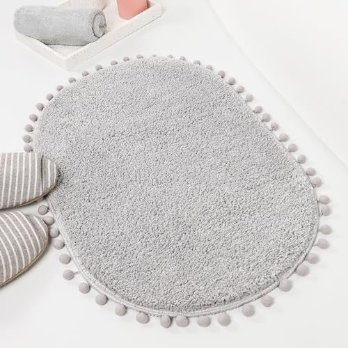 Yirddeo Bath Mat Light Grey Oval Rug With Pom Bathroom Rugs For Bedroom Non Slip Cute Boho Absorbent Mats Soft Plush Washable Rug cover