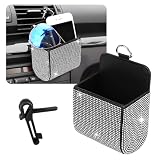 Hbxdeco Car Vent Storage Organizer, Rhinestone Auto Air Vent Leather Storage Pouch, Bling Automotive Hanging Bag Pocket Case, Universal Car Mount Cell Phone Sunglasses Coin Holder (White)