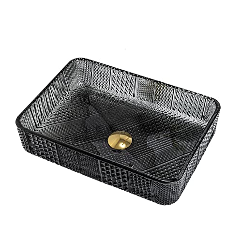 Lavabo Salle De Bain, Vasque Salle De Bain En Verre Cristal Noir, Vasque À Poser Salle De Bain Rectangulaire Avec Bonde De Lavabo Pop Up Et Accessoires, 46X33X11CM