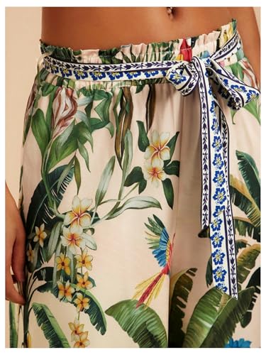 Women's Tropical Printed Wide Leg Pants Boho Elastic Waist Beach Trousers with Belted4
