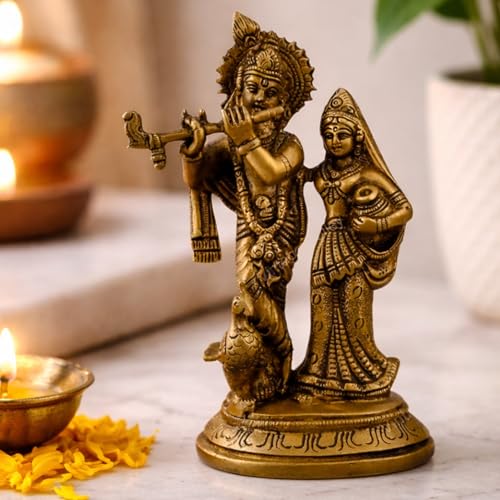Image of 100% Pure Brass Radha Krishna Murti 15 cm | Radhe Krishna Statue for Pooja Room & Home Temple | Divine Couple Idol for Home Decor | Spiritual Gift Item