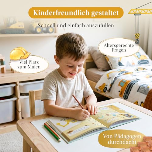 EULENTALER® Kindergarten Freundebuch Baumaschinen I Von Erzieherinnen gestaltet I Handgemalte Bagger & Fahrzeuge I Kinderfreundliche Gestaltung I mit Goldprägung I Kindergartenfreundebuch Jungs