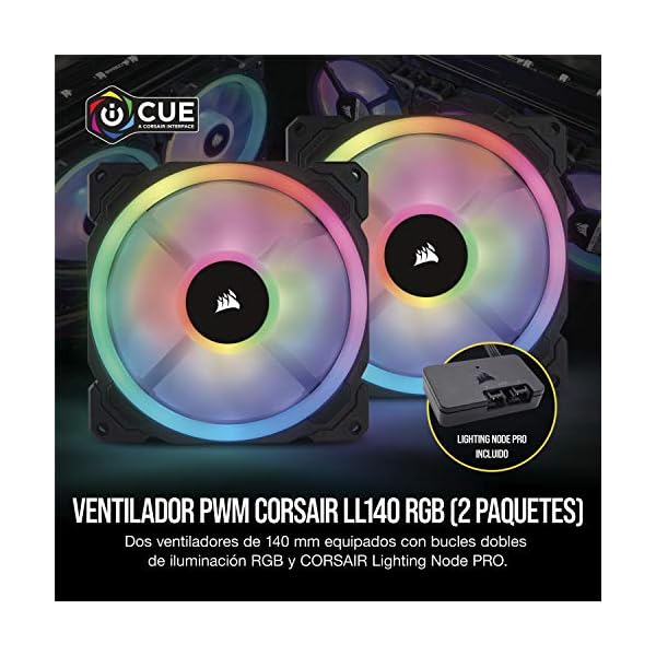 Corsair LL140 RGB Ventilador de PC (140 mm, Doble Halo RGB LED PWM) con Lighting Node PRO, paquete de 2 piezas - Image 3