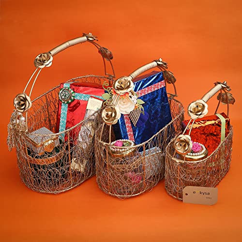 Image of metal meshwire multipurpose hamper Fancy Basket /Tray /Platter (Set of 3) with handles for Packing, Gifting, Decoration - Golden (8 * 4 * 4, 10 * 5 * 6, 12 * 6 * 6 inch)