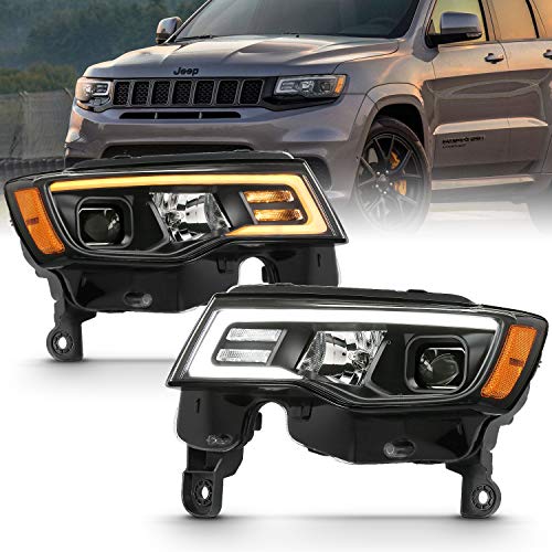 AmeriLite for 2017 2018 2019 Jeep Grand Cherokee Black Quad Projector headlights w LED Bar Switchback Set - Passenger and Driver