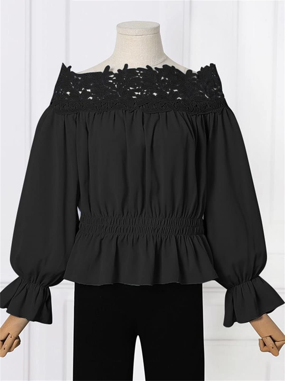 Générique Femmes Sexy Hors épaule Blouses Dentelle Blouses Blanches à Manches Longues Tunique froncé Chemises à la Taille