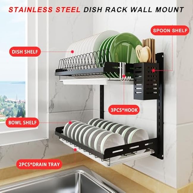 Hanging Dish Drying Rack, Wall Mounted Dish Rack Kitchen, 2 Tier Plate Organizer Wall Mount, Stainless Steel Dish Drainer Storage Shelf with Drainboard, Cutlery Holder, Black, Ajustable Height (16)