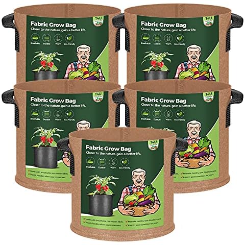 T4U 5-Pack 15 Gallon Fabric Plant Grow Bags, Heavy Duty Smart Growing Bag with Handle, Thickened Breathable Nonwoven Growbag Planter, Large Fabric Pots for Potato Tomato Vegetable Bonsai Tree Outdoor Cover