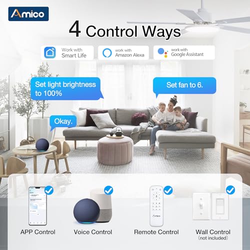 Image of Amico Ceiling Fans with Lights, 52 inch Smart Ceiling Fan with Remote /APP /Alexa Control, Downrod Mount, Reversible DC Motor, 5 Blades, 6 Speeds, 3CCT, Dimmable, Noiseless, Bedroom, Living Room, White
