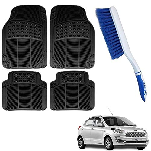 Cabix Rubber Car Mat, Solid Black Foot Mat, Washable Car Floor Mat for Ford Figo with Car Seat/Mat/Carpet Cleaning Brush