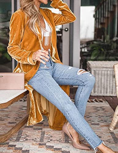 Yimoon Women’s Long Velvet Cardigan Jacket Open Front Lapel Collar Outerwear Velour Duster Coat with Pockets(Yellow-S) - Thumbnail 4