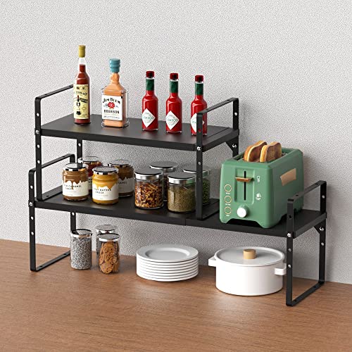 Sanno Expandable Shelf Rack Kitchen Cupboard Shelf, Stackable Cabinet Shelf Organizer Storage Rack, Countertop Organizer Kitchen Pantry Cupboard Pantry,Black, 10" W, 1 Pack #TOP4