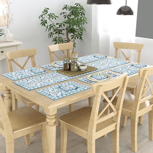 Image of BLOCKS OF INDIA Hand Block Printed Cotton Table Runner, Mat and Napkin Set of 13 pc for Center /Dining Table (Blue Green Jaal)