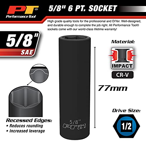 Image of Performance Tool M843 1 /2 Drive Impact Socket, 5 /8 - Chrome Vanadium, 6 Point Deep Steel Socket for Heavy Duty Automotive and DIY Applications
