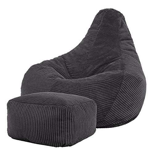 Icon Dalton Sitzsack mit Hocker Cord, Dunkelgrau, Gaming Sitzsack Erwachsene mit Füllung, Bean Bag, Cord Sessel, Lounge Sessel, Lounge Stuhl, Schlafzimmer, Wohnzimmer, Wohnzimmer Möbel