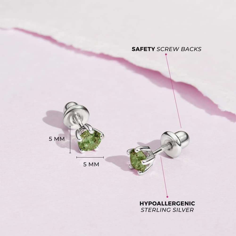 In Season Jewelry Solitaire Simulated Birthstone Kids Earrings - 925 Sterling Silver Hypoallergenic Earrings for Girls with Secure Screw Backs - Safe & Comfortable for Kids & Little Girls