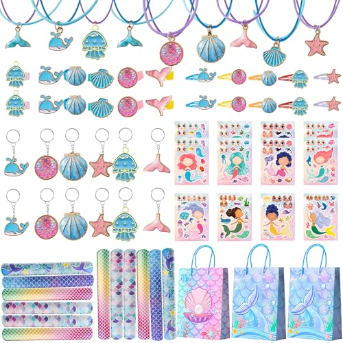 Mermaid Party Favours 84pcs Mermaid Theme Party Favors Set-Mermaid Loot Bags Hair Clips Stickers Slap Bracelets etc Mermaid Birthday Party Favors for Girls Mermaid Birthday Decorations Supplies
