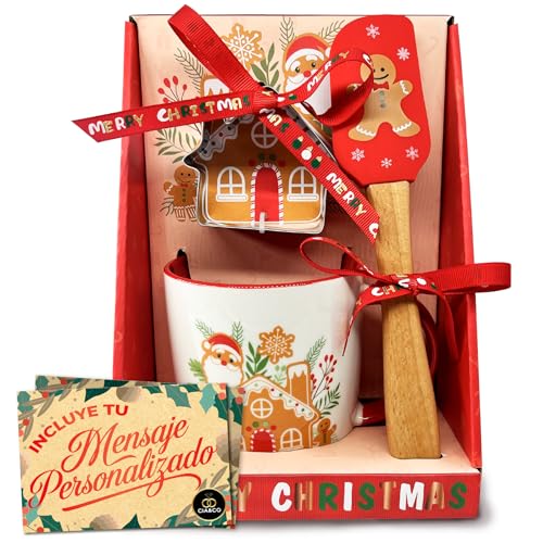 Cia&Co Conjunto de Caneca Natalícia Casita 380 ml + Espatula de Confeitaria e Molde para Bolachas · Caixa de Presente Festiva + Cartão Personalizável Ideia para Amigo Secreto e Detalhes de Natal
