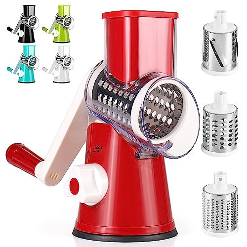 Dreamhigh® Käsereibe mit Kurbel, Gemüseschneider mit 3 Edelstahl Austauschbaren Trommelklingen, Manuelle Trommelreibe, Gemüsehobel, Starke Saugwirkung, Ideal für Gurken, Käse, Nüsse, Karotten, Rot