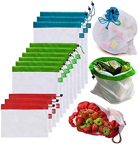 Mesh Reusable Produce Bags, 12 Pack, Small, Medium, Large Sizes, Natural BPA Free Nylon, Shop and Store Vegetables, Fruits, Fresh Foods, Tare Weight Scannable Tags, Easy To Carry & Store