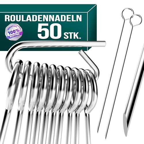 4happy Rouladennadeln, 50 Stück im Set - Rouladenspieße mit Griff und scharfer Spitze, Rouladennadeln Edelstahl rostfrei ersetzen Rouladenklammern, Länge 10 cm 4happy Rouladennadeln, 50 Stück im Set - Rouladenspieße mit Griff und scharfer Spitze, Rouladennadeln Edelstahl rostfrei ersetzen Rouladenklammern, Länge 10 cm