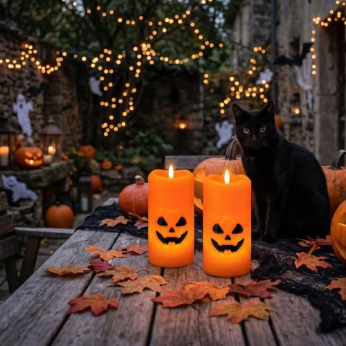 Image of Halloween Pumpkin Flameless Pillar Candles with 6H Timer, 2PCS