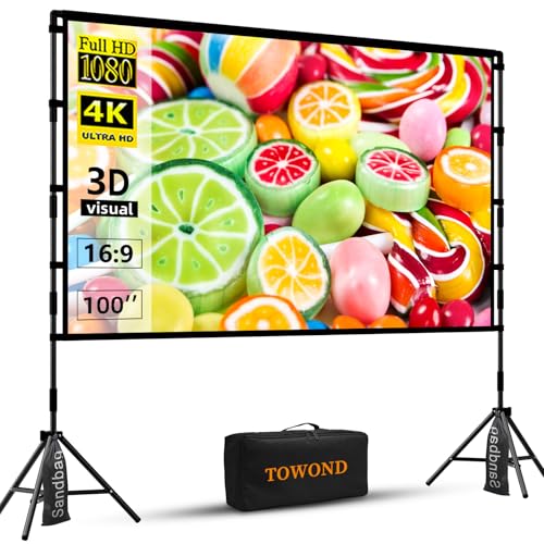 TOWOND Projector Screen with Stand, 100 inch Outdoor Projector Screen Portable Indoor Projection Screen 16:9 4K Rear Front Movie Screen with Carry Bag for Home Backyard Theater