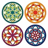 CHDITB 4Pcs Wooden Moroccan Talavera Wall Art, Sacred Geometric Mandala Laser Cut Hollow Artwork Hanging Sign, Vintage Mexican Spiritual Home Decor for Spa Yoga Meditation Zen Room(10'x10')