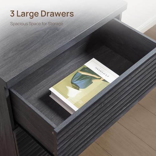 Image of SICOTAS Fluted Sideboard Buffet Cabinet with Storage, Modern Credenza Storage Cabinet with 3 Larger Drawers, 2-Piece Media Console Mid Century Coffee Bar Table for Entryway Kitchen, Dark Grey Alder