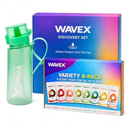 Image of WaveX Scented Water Bottle + 8 Aroma Scent Pods (Cola, Strawberry, Honey Peach, Energy Drink, Green Apple, Mint, Lemon, Orange Vanilla), Flip Top Lid, Straw & Carry Strap Included (Sea Glass Green)