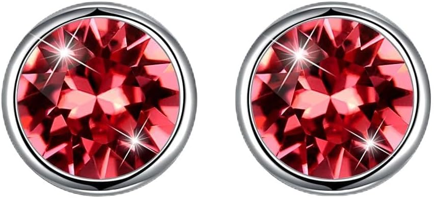 Hanie Silver Stud Earrings for Women, 925 Sterling Silver Studs Earrings with Crystal, 8mm Diameter Small Sleeper Earrings, 8 Colors in Black, Purple, Aurora Borealis, Blue, Pink, White, Green, Red