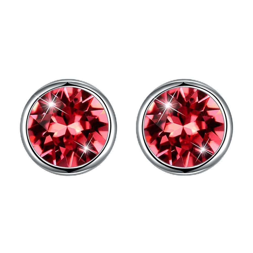 Hanie Silver Stud Earrings for Women, 925 Sterling Silver Studs Earrings with Crystal, 8mm Diameter Small Sleeper Earrings, 8 Colors in Black, Purple, Aurora Borealis, Blue, Pink, White, Green, Red