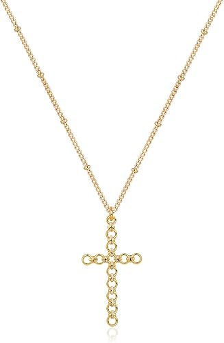 Fettero Collar con dije de cruz para mujer, chapado en oro de 14 quilates, collar de cadena ajustable, delicado collar de fe simple, collar con